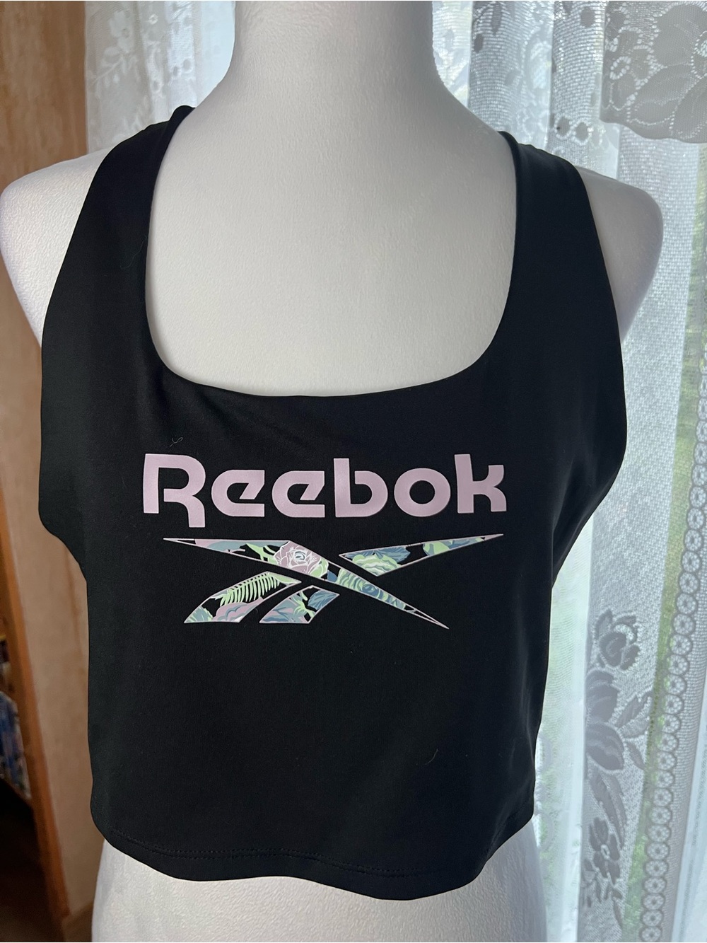 Reebok Black Crop Sports Bra with Pink Logo and Patterned Accent XL